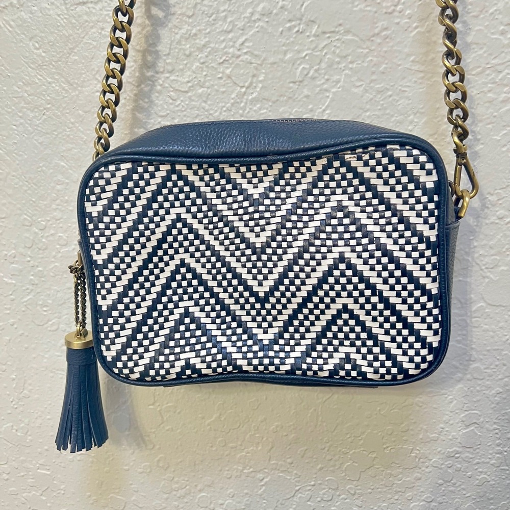 Michael Kors Ginny Navy White Woven Chevron Pebbled Leather Crossbody Bag Tassel